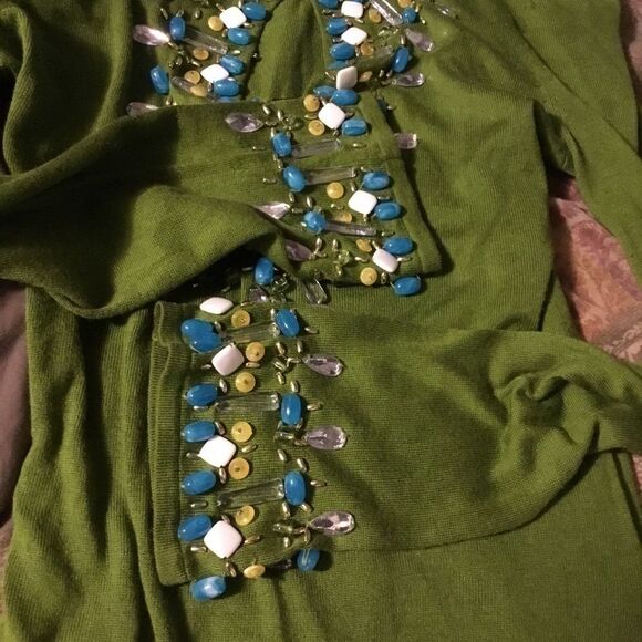 Bebe Beaded Embellished Rhinestone V-neck Silk Cashmere Long Sleeve Shirt XS - Picture 7 of 10